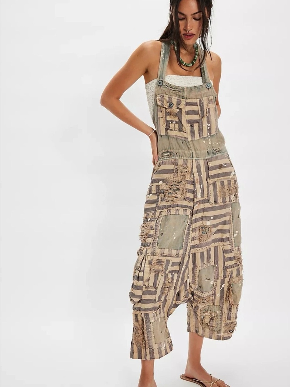 NEW Magnolia Pearl Frankie Striped Patchwork Denim Overalls Jumpsuit O/S